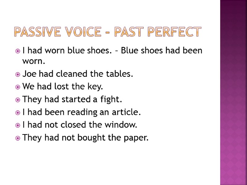 Passive Voice - Past Perfect  I had worn blue shoes. – Blue shoes
